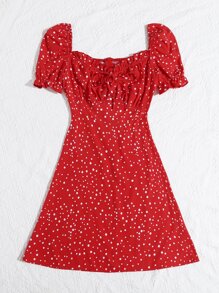 SHEIN VCAY Polka Dot Ruched Bust Dress - Red - View 3