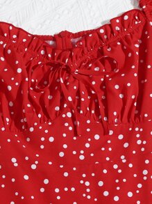 SHEIN VCAY Polka Dot Ruched Bust Dress - Red - View 4