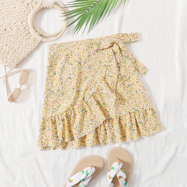 

Ditsy Floral Ruffle Hem Wrap Knot Skirt, Multicolor