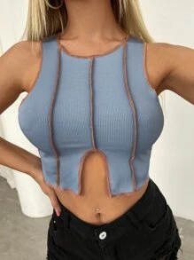 SHEIN Unity Slit Hem Stitch Trim Crop Tank Top - Dusty Blue - View 1