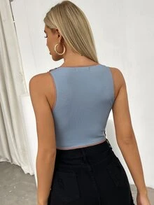 SHEIN Unity Slit Hem Stitch Trim Crop Tank Top - Dusty Blue - View 2