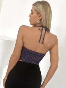 Ditsy Floral Cut Out Tie Back Halter Crop Top - Lilac Purple - View 2