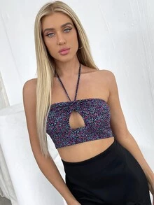 Ditsy Floral Cut Out Tie Back Halter Crop Top - Lilac Purple - View 5