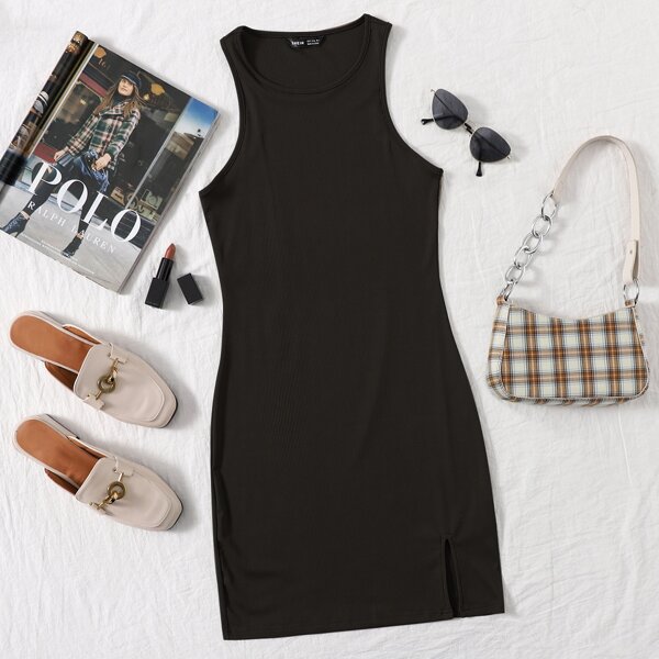 

Scoop Neck Split Hem Rib-knit Dress, Black