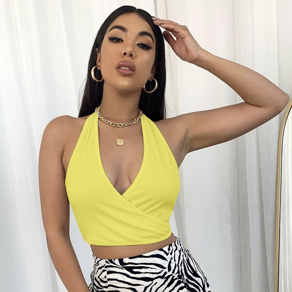 

Halterneck Tie Back Rib-knit Crop Top & Zebra Stripe Skirt Set, Yellow