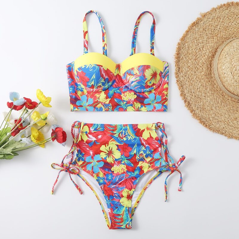 

Tropical & Floral Push Up Bikini Swimsuit, Multicolor