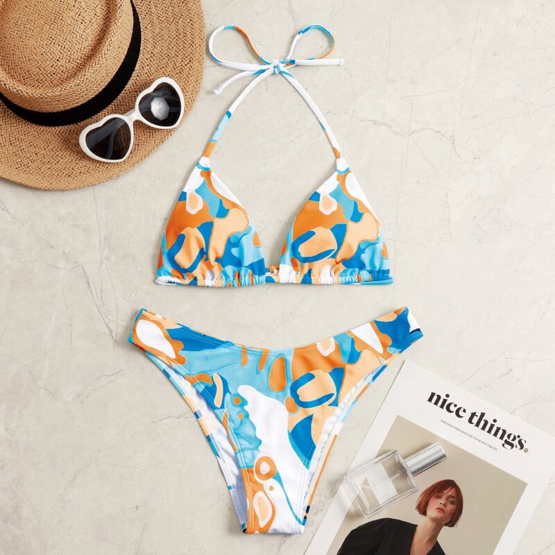 

Color Block Halter Triangle Bikini Swimsuit, Multicolor