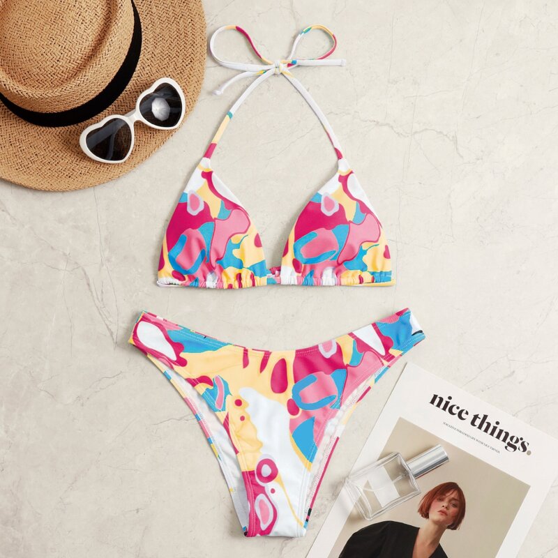 

Color Block Halter Triangle Bikini Swimsuit, Multicolor