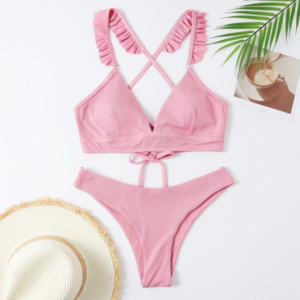 

Rib Ruffle V Neck Bikini Swimsuit, Dusty pink