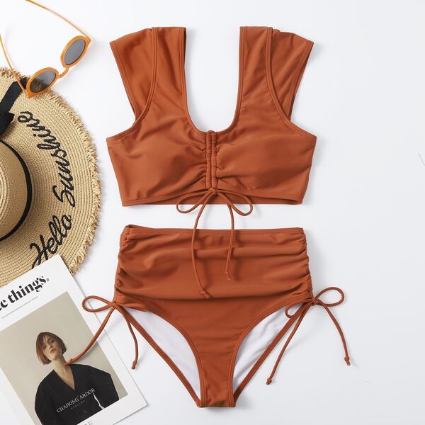 

Drawstring Detail High Waisted Bikini Swimsuit, Burnt orange