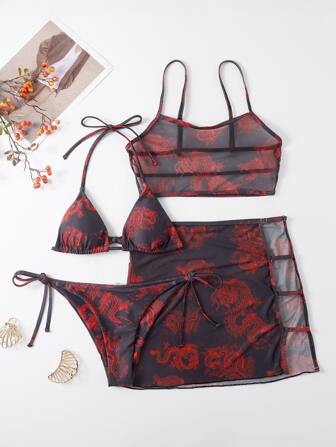 4 packs de Bikini ras-du-cou d'été avec impression de dragon et cache-maillot de maille pour la plage