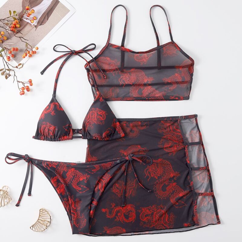 

4pack Halter Bikini Swimsuit With Dragon Print Mesh Cover Up, Red