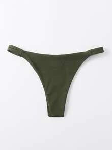 Rib Thong Bikini Panty, For Summer Beach Vacation - Army Green - View 2