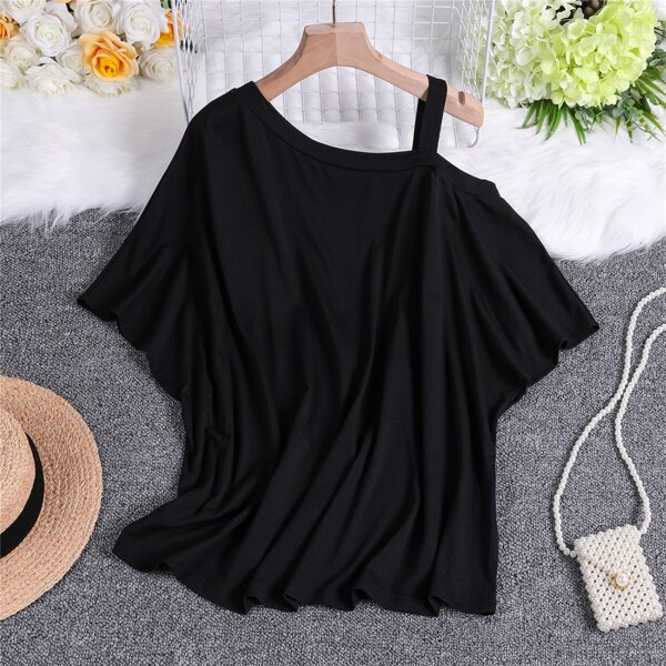 

Plus Solid Asymmetrical Neck Tee, Black