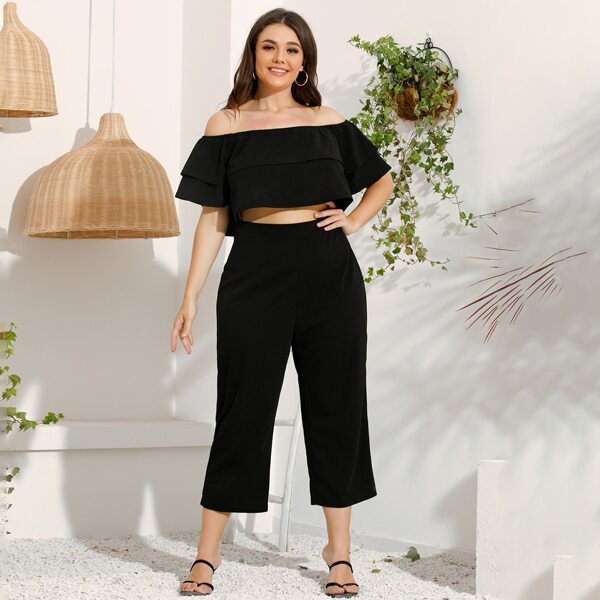 

Plus Off-shoulder Ruffle Top & Pants, Black