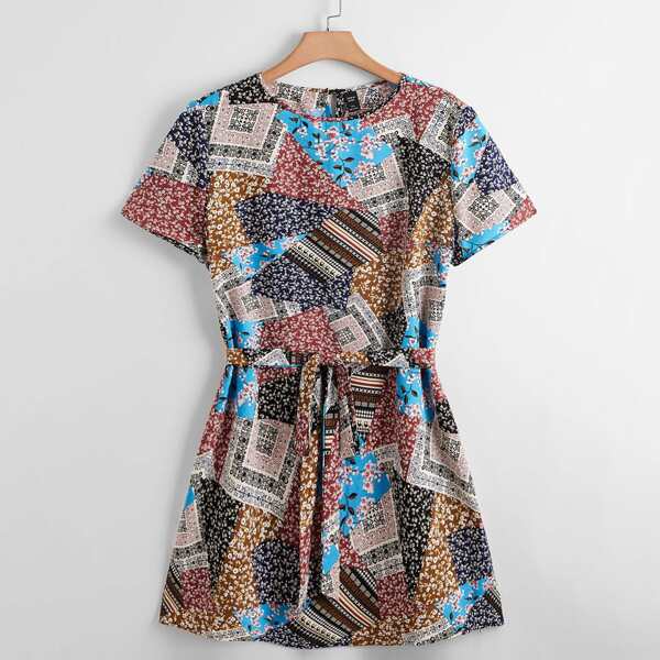 

Plus Patchwork Self Belted Dress, Multicolor