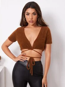 SHEIN Crisscross Tie Front Fluffy Knit Cardigan