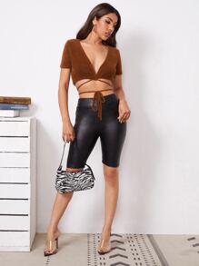 SHEIN Crisscross Tie Front Fluffy Knit Cardigan