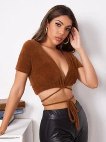 SHEIN Crisscross Tie Front Fluffy Knit Cardigan