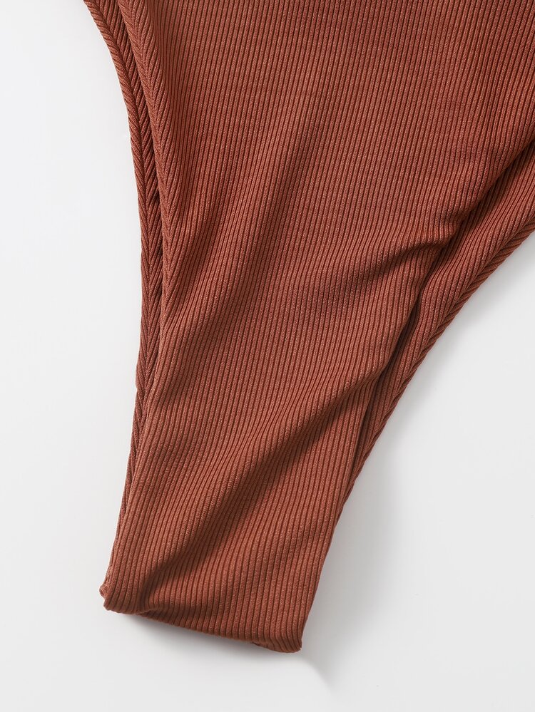 Rib Thong Bikini Panty, For Summer Beach Vacation - Burnt Orange - View 4