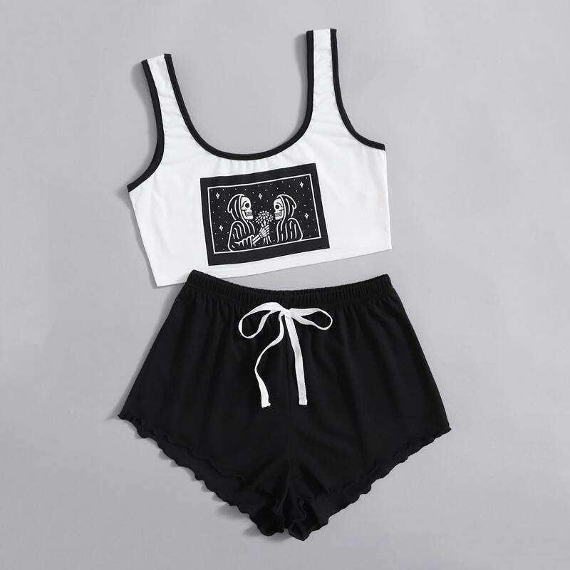 

Skull Graphic Lettuce Trim Pajama Set, Black and white