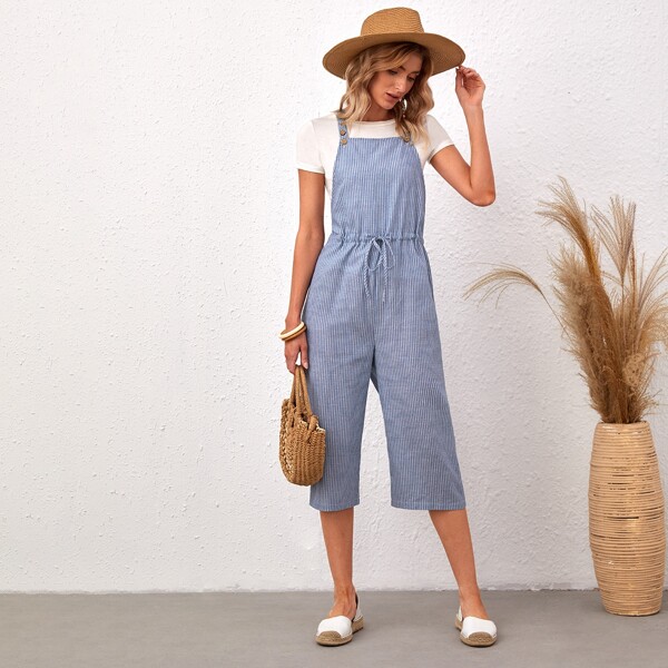 

Striped Drawstring Waist Overall Jumpsuit Without Tee, Baby blue