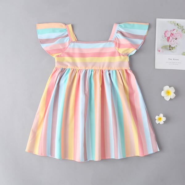 

Toddler Girls Striped Flounce Sleeve Babydoll Dress, Multicolor