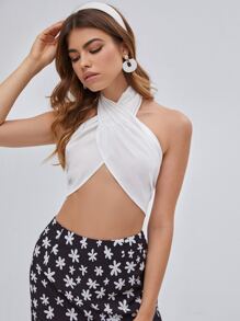 Fringe Trim Detail Halter Top - White - View 1