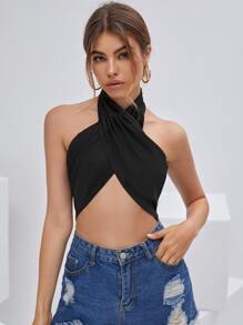 Fringe Trim Detail Halter Top - Black - View 1