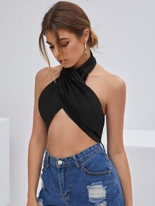 Fringe Trim Detail Halter Top - Black - View 3