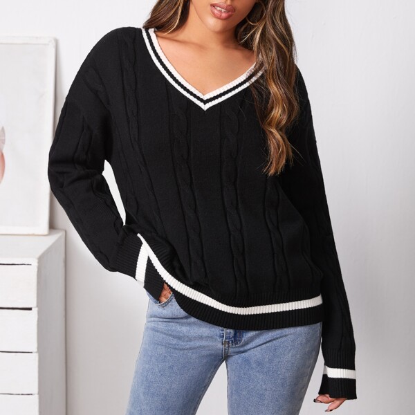 

V-neck Striped Trim Cable Knit Sweater, Black