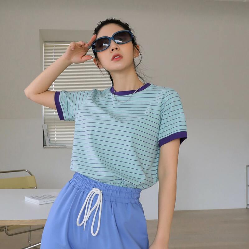 

Striped Print Round Neck Tee, Blue