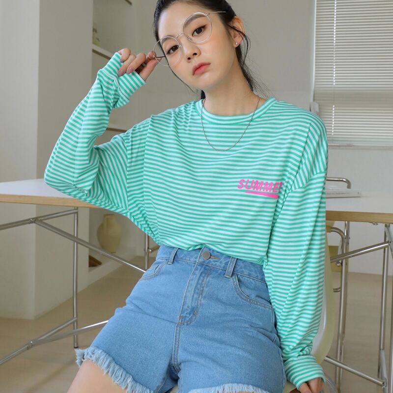 

Striped And Letter Graphic Drop Shoulder Tee, Green