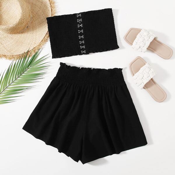 

Hook and Eye Front Shirred Tube Top and Shorts Set, Black