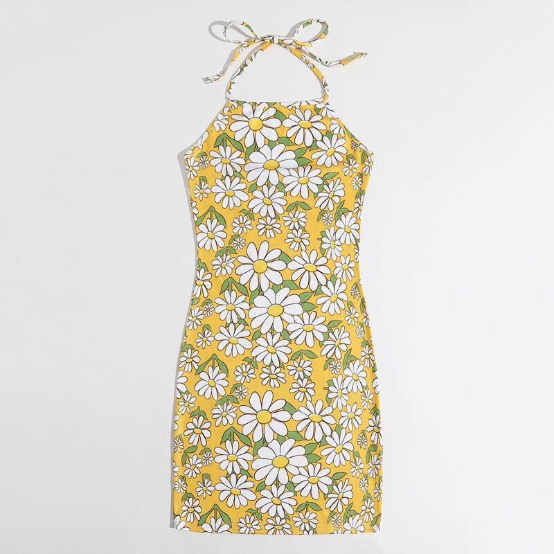 

Daisy Print Halter Dress, Yellow
