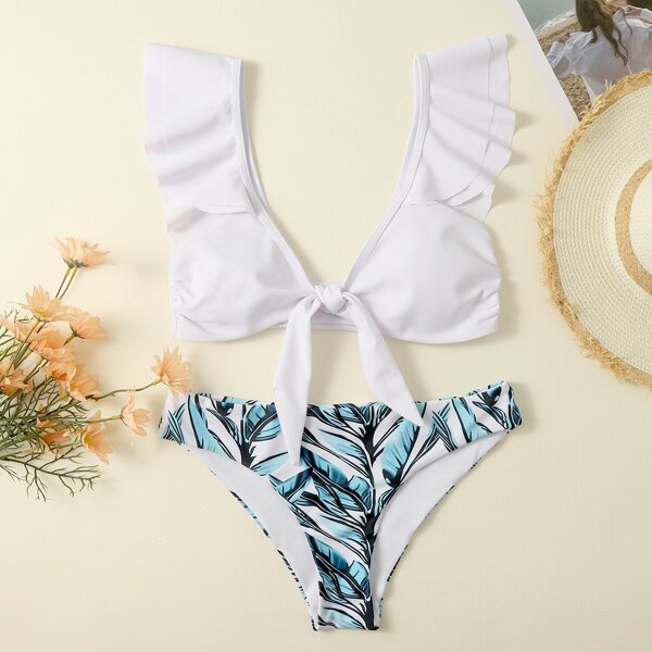 

Plant Random Print Ruffle Knot Front Bikini Swimsuit, Multicolor