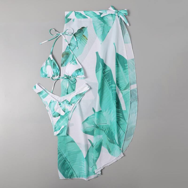 

3pack Palm Print Halter Bikini Swimsuit & Cover Up, Multicolor