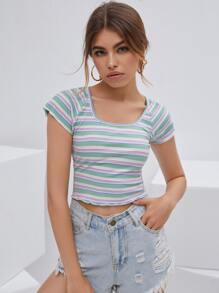 Raglan Sleeve Striped Tee - Multicolor - View 1