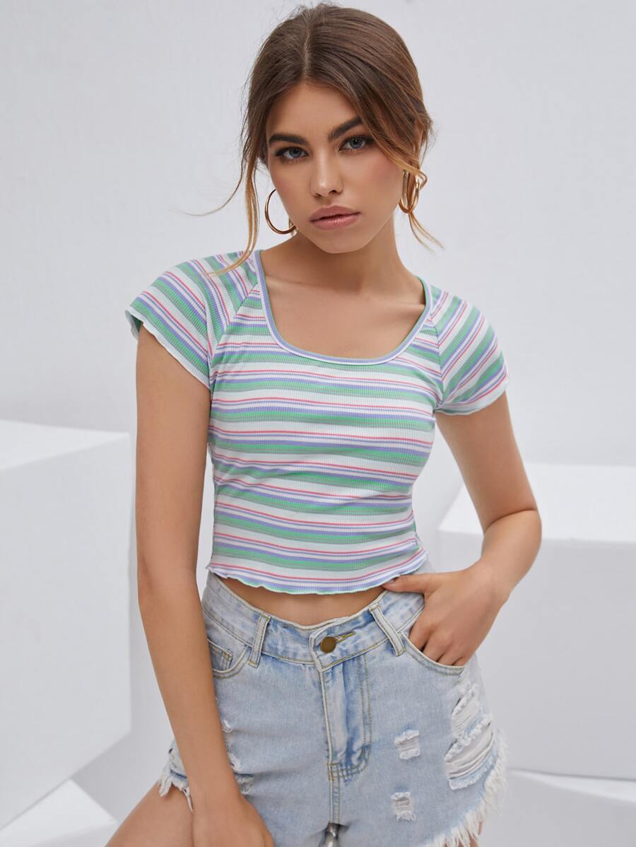 Raglan Sleeve Striped Tee - Multicolor - View 1
