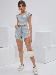 Raglan Sleeve Striped Tee - Multicolor - View 4