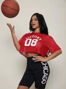 SHEIN SXY Letter Graphic Sheer Mesh Crop Top - Red - View 1