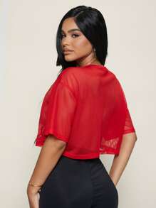 SHEIN SXY Letter Graphic Sheer Mesh Crop Top - Red - View 2