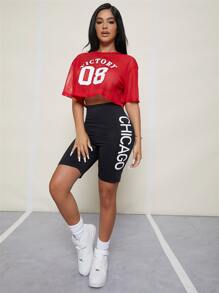 SHEIN SXY Letter Graphic Sheer Mesh Crop Top - Red - View 3