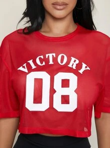 SHEIN SXY Letter Graphic Sheer Mesh Crop Top - Red - View 4
