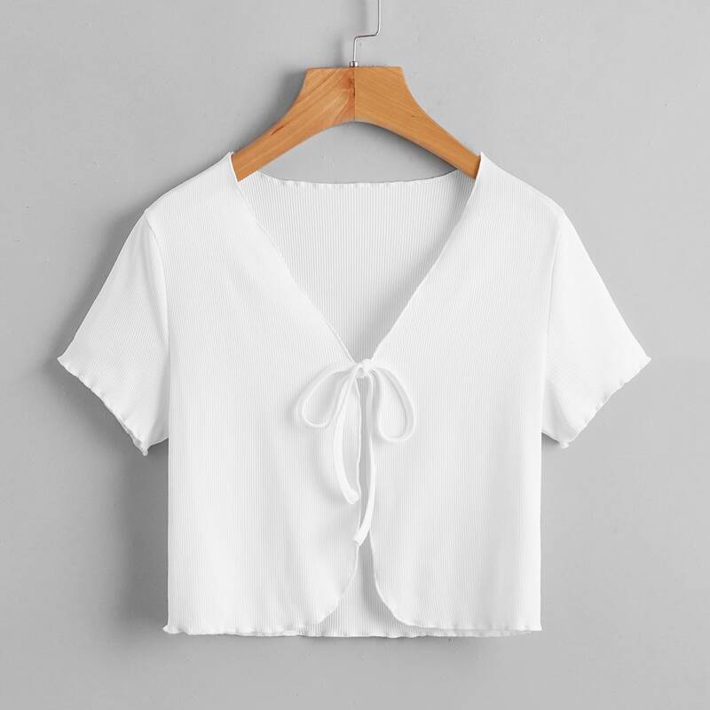 

Solid Tie Front Ribbed Tee, White