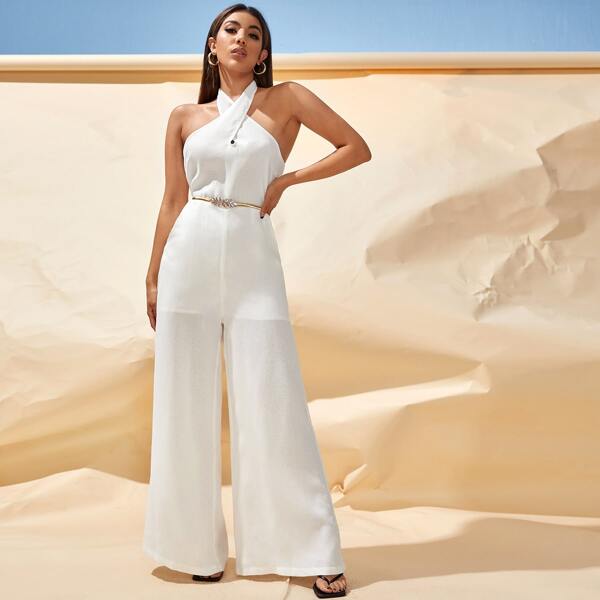 

Tie Back Wide Leg Jumpsuit Without Belt, White