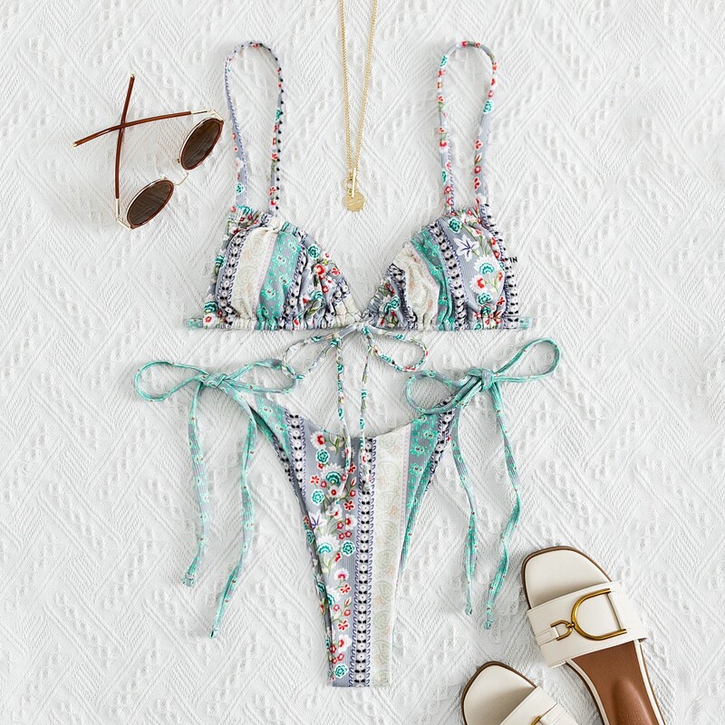 

Paisley & Ditsy Floral Tie Side Bikini Swimsuit, Grey