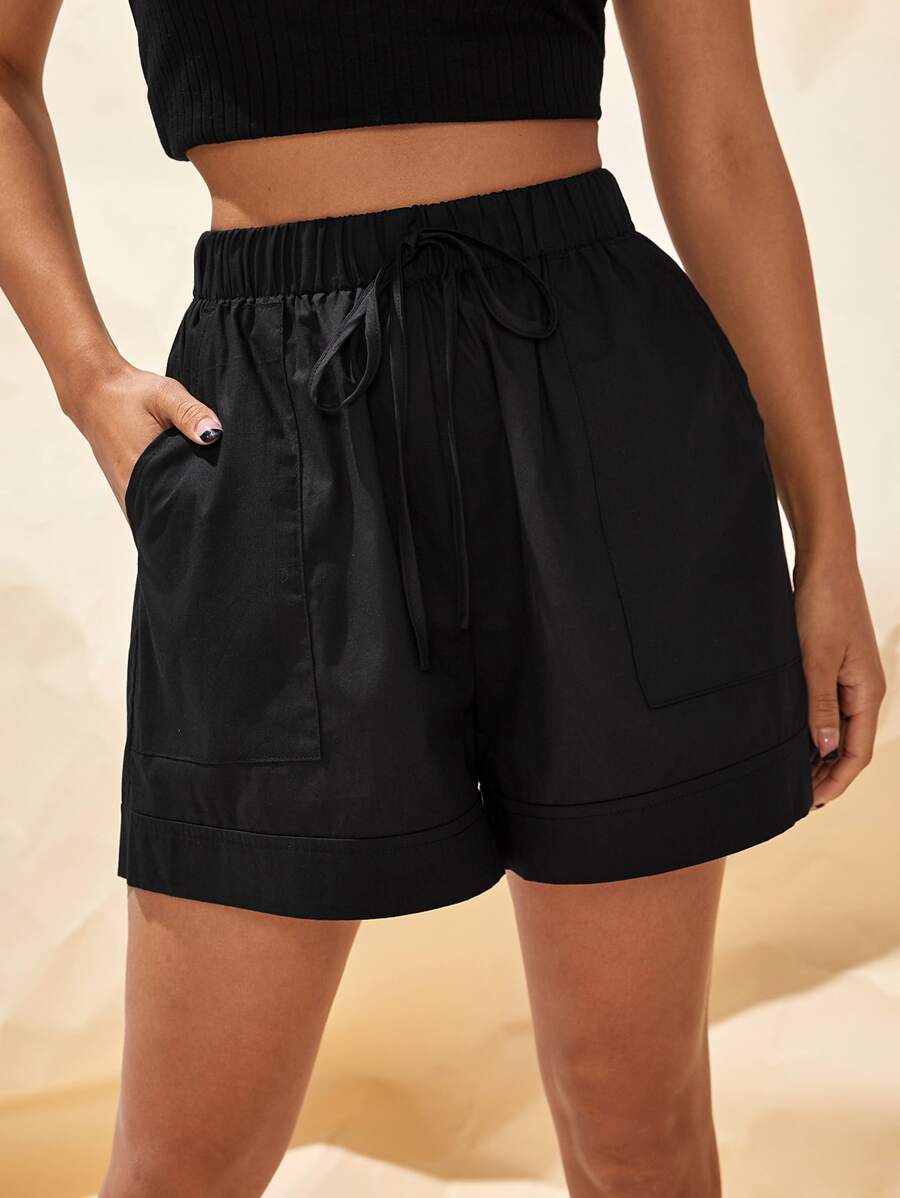 Tie Waist Slant Pocket Shorts - Black - View 1