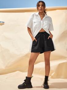 Tie Waist Slant Pocket Shorts - Black - View 5