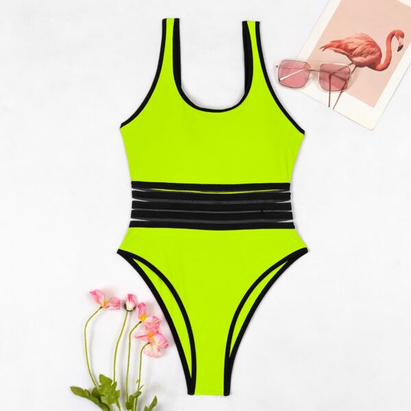 

Contrast Binding Mesh Insert One Piece Swimsuit, Lime green
